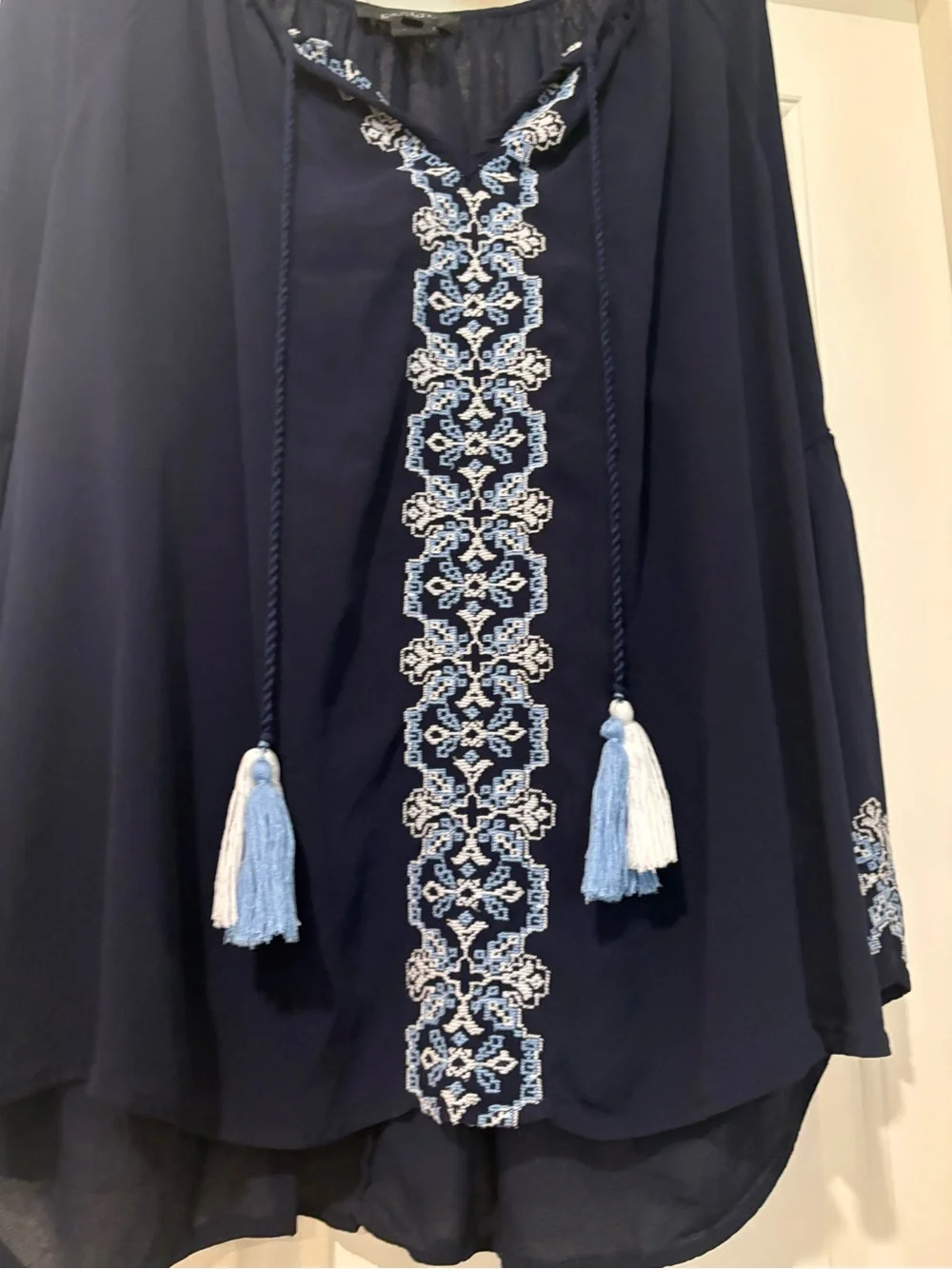 Karen Kane Navy Peasant Blouse with Light Blue Embroidery